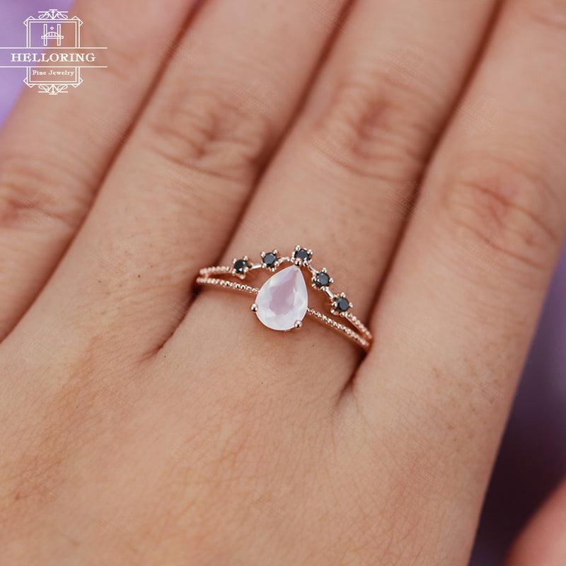 Rose gold engagement ring Women Wedding Moonstone Black diamond Pear shaped Milgrain Jewelry Promise Anniversary ring Unique gifts for her