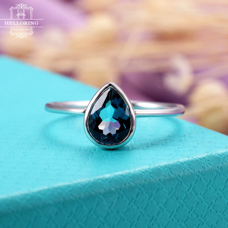 London Blue Topaz engagement ring rose gold Wedding Women Bridal Jewelry Simple Pear Shaped Cut Stacking Tear Drop Promise Anniversary gift