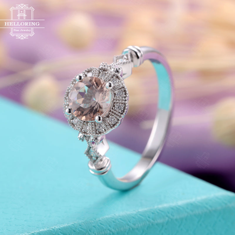 Morganite Engagement Ring, Round ,Vintage White Gold diamond wedding ring, Women Flower, milgrain, Art deco Jewelry Anniversary gift