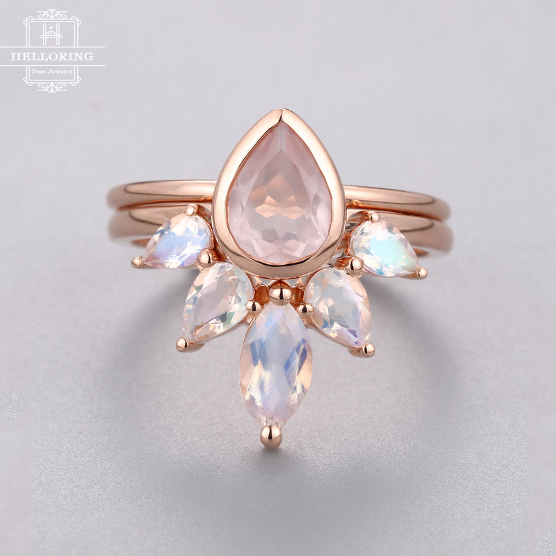Rose quartz Engagement ring set Rose gold Pear shaped Curved wedding band Marquise cut Moonstone Bridal Jewelry for Women Anniversary gift