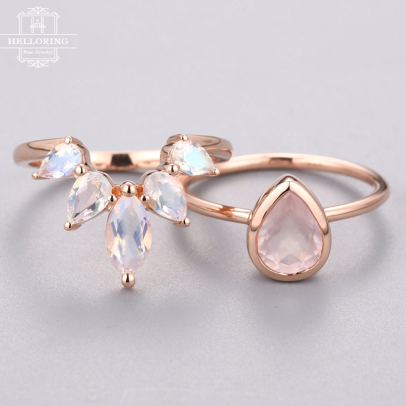 Rose quartz Engagement ring set Rose gold Pear shaped Curved wedding band Marquise cut Moonstone Bridal Jewelry for Women Anniversary gift