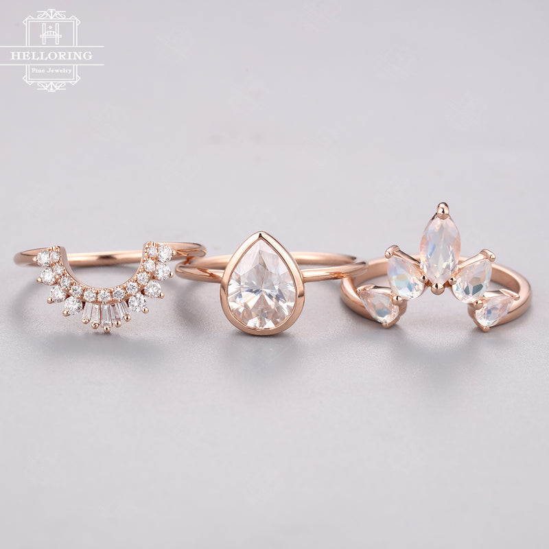 Vintage Moissanite Engagement ring set Rose gold Pear shaped Curved diamond wedding band Marquise Moonstone Jewelry Women Anniversary gift