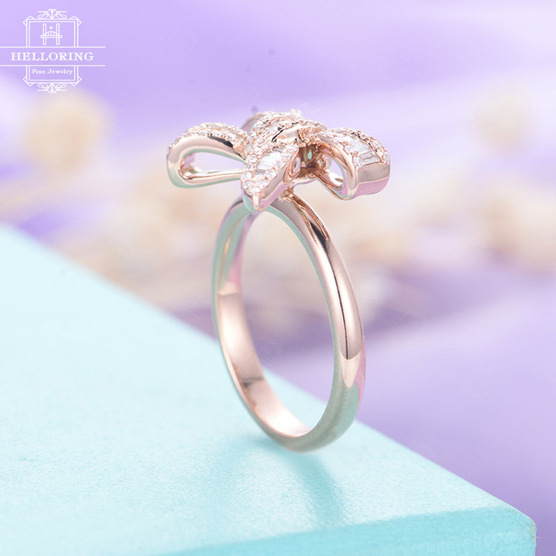 Baguette Diamond Ring Rose Gold Engagement Unique Dainty wedding ring Bow Bridal Set pave Woman birthday gift for her Anniversary Promise