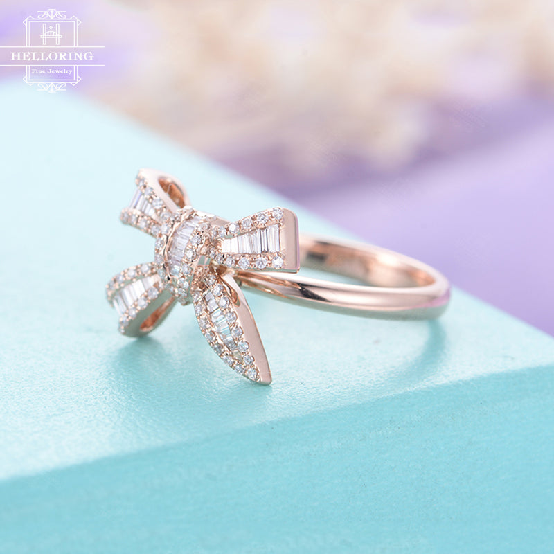 Baguette Diamond Ring Rose Gold Engagement Unique Dainty wedding ring Bow Bridal Set pave Woman birthday gift for her Anniversary Promise