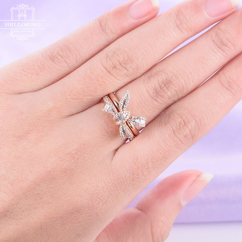 Diamond Engagement ring Rose Gold Unique wedding band Women Baguette Bow ring Bridal set Jewelry Half eternity Anniversary gift for her