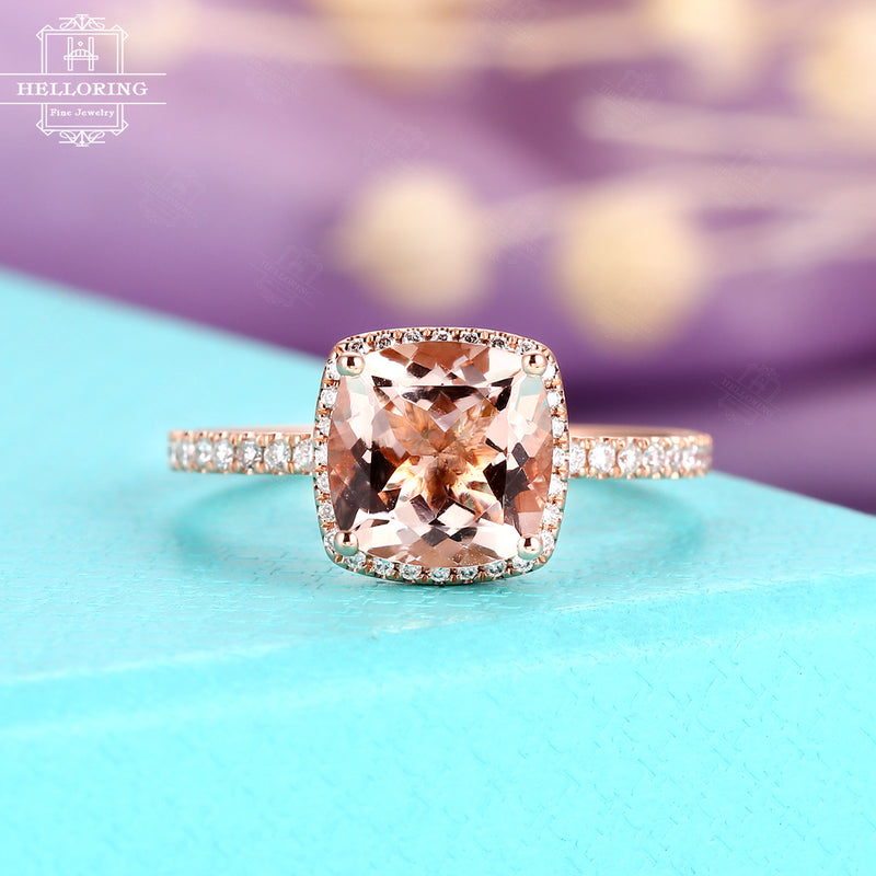 Morganite Engagement Ring, Vintage cushion Cut, Rose gold Diamond ring Women Half Eternity Promise pink gemstone Jewelry gifts for her