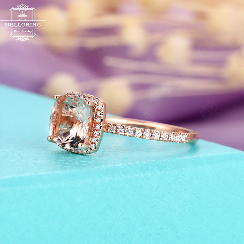 Morganite Engagement Ring, Vintage cushion Cut, Rose gold Diamond ring Women Half Eternity Promise pink gemstone Jewelry gifts for her