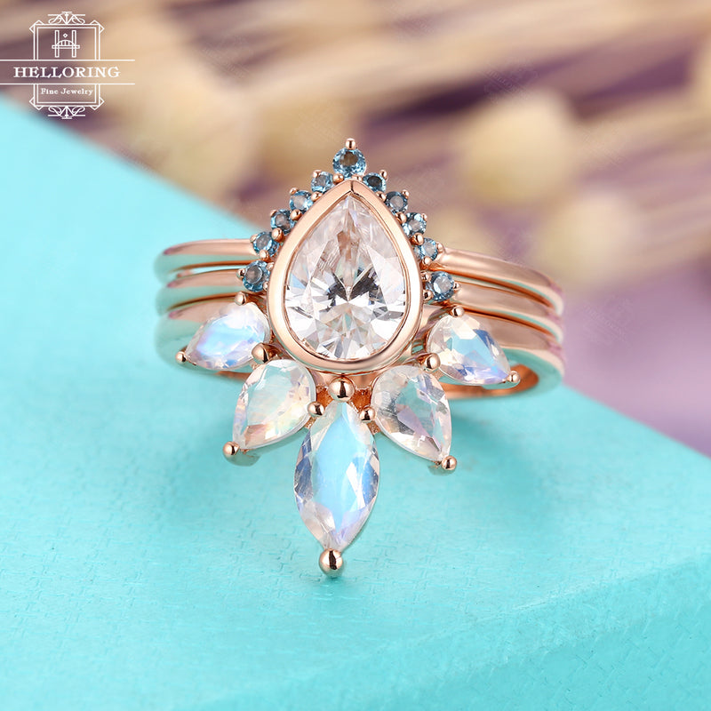 3pcs Moissanite engagement ring set, Vintage Pear shaped Marquise London blue topaz Moonstone wedding band Rose Gold Unique Bridal Jewelry