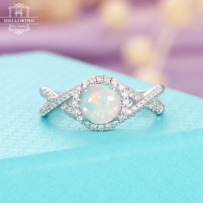 Opal engagement ring white gold women,Vintage halo diamond wedding ring,Anniversary gifts for her,Micro pave Jewelry Half eternity Prong set