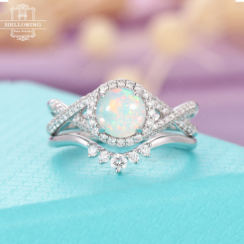 Vintage Opal engagement ring set for women,Halo diamond wedding ring white gold,Curved matching band,Gifts for her,Unique Promise Prong set