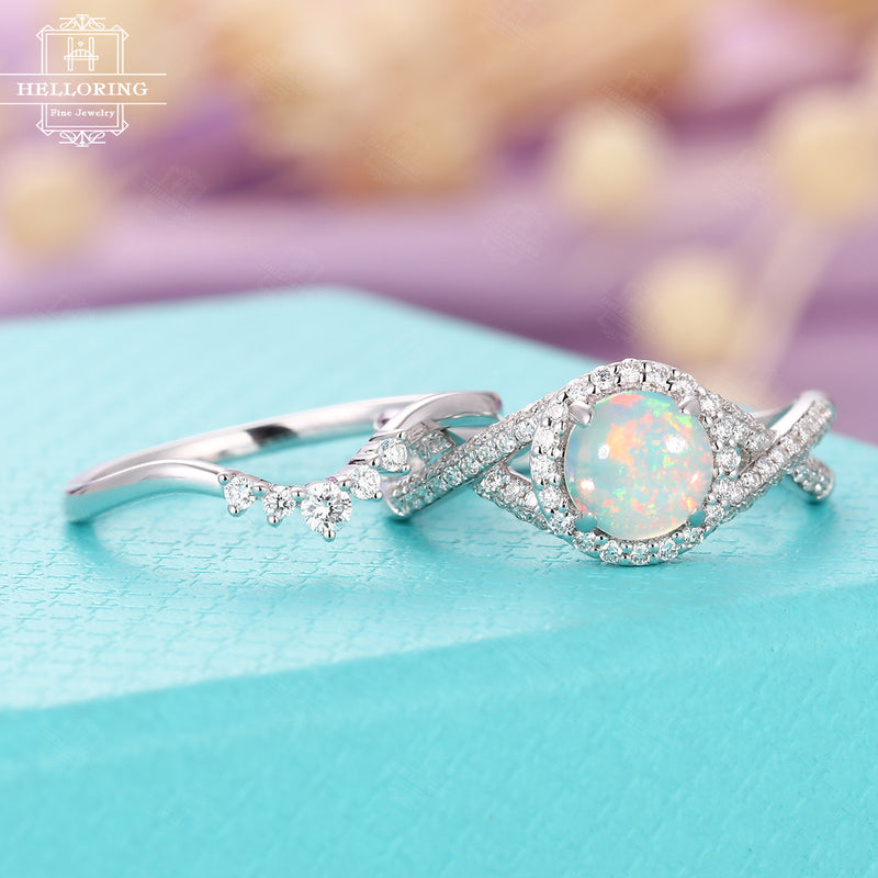 Vintage Opal engagement ring set for women,Halo diamond wedding ring white gold,Curved matching band,Gifts for her,Unique Promise Prong set