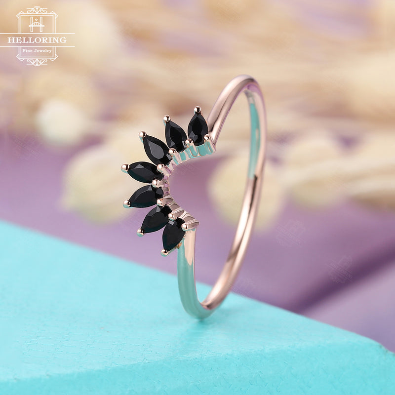 Pear shaped Black onyx wedding band, rose gold Women curved Matching Stacking ring Unique Jewelry Promise Anniversary gift for her
