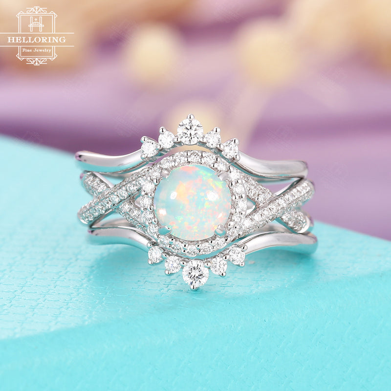 Opal engagement ring set vintage white gold women,Halo set diamond wedding ring,Unique Anniversary gifts for her,Stacking ring Half eternity