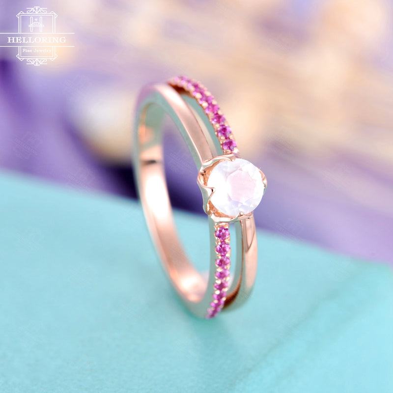 Moonstone Engagement Ring Rose gold Unique engagement ring Gift for Women Wedding Pink sapphire Matching Anniversary Bridal set Jewelry