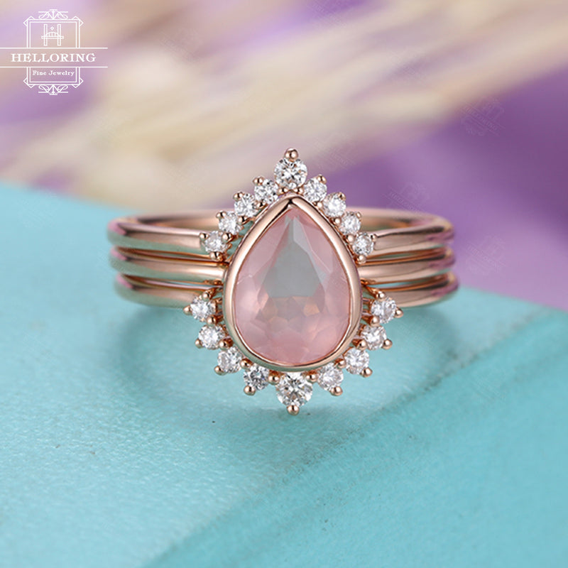 3pcs Rose Quartz Engagement Ring Rose Gold Vintage Diamond Wedding ring set Women Bridal jewelry Pear Shaped Cut Stacking Promise