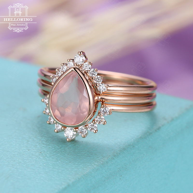 3pcs Rose Quartz Engagement Ring Rose Gold Vintage Diamond Wedding ring set Women Bridal jewelry Pear Shaped Cut Stacking Promise