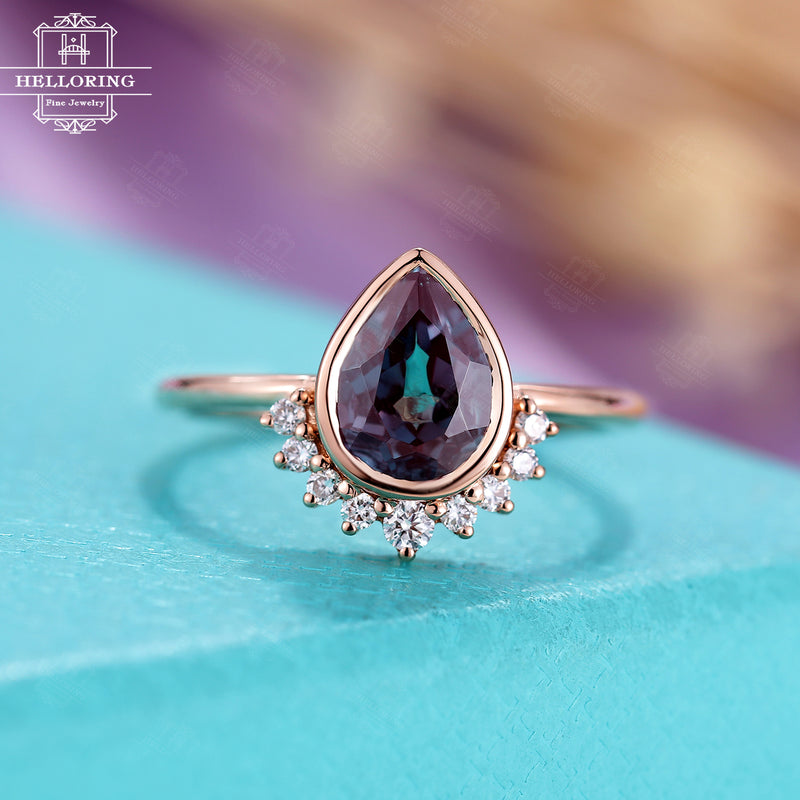 Pear shaped Alexandrite Engagement ring, vintage rose gold rings women, diamond wedding ring, bridal jewelry,Promise Anniversary gifts