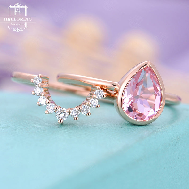 Pink sapphire engagement ring Rose gold Curved wedding band Diamond Pear shaped Bridal set Women Unique Jewelry Anniversary gift for her