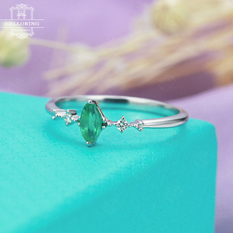 Emerald engagement ring Marquise cut engagement ring Women Wedding Vintage Antique Cluster diamond Bridal Jewelry Promise Anniversary gift