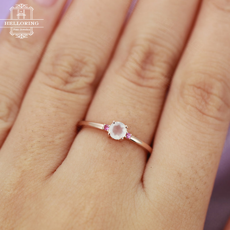 Moonstone engagement ring Rose gold Women Wedding Pink Sapphire Delicate Dainty Jewelry Three stone Promise Unique Anniversary gift for her