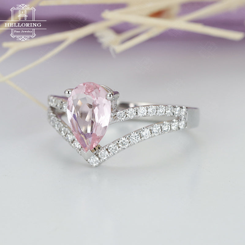 Pear shaped Morganite engagement ring White gold Women Wedding Diamond Unique Curved Prong set Jewelry Anniversary gift for her Micro pave