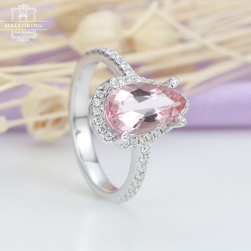 Morganite engagement ring White gold Women Wedding Halo Diamond Pear shaped Jewelry Unique Promise Anniversary gift for her Half eternity
