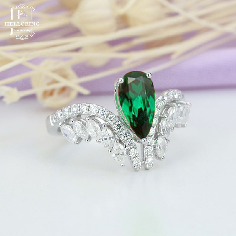 Emerald engagement ring White gold Women Vintage Wedding Pear shaped Marquise cut Moissanite Curved Unique Jewelry Anniversary gift for her