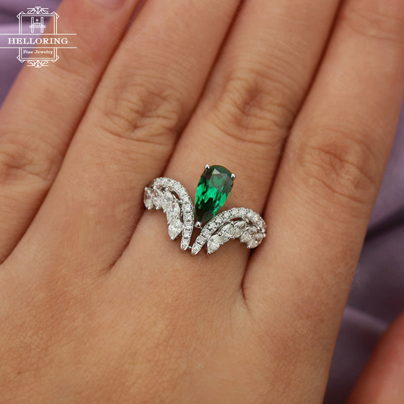 Emerald engagement ring White gold Women Vintage Wedding Pear shaped Marquise cut Moissanite Curved Unique Jewelry Anniversary gift for her
