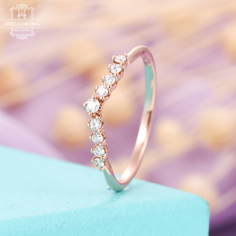 Curved Diamond Wedding Band 14K Rose Gold Women Antique Unique Eternity Dainty Stacking Ring Bridal Simple Anniversary Gifts For Her