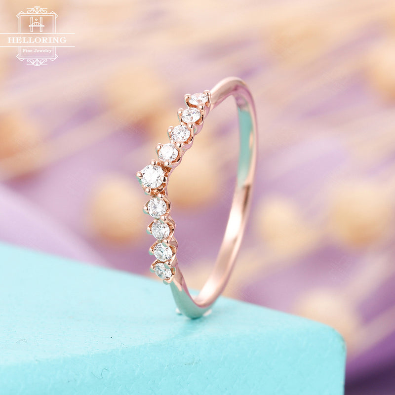 Curved Diamond Wedding Band 14K Rose Gold Women Antique Unique Eternity Dainty Stacking Ring Bridal Simple Anniversary Gifts For Her