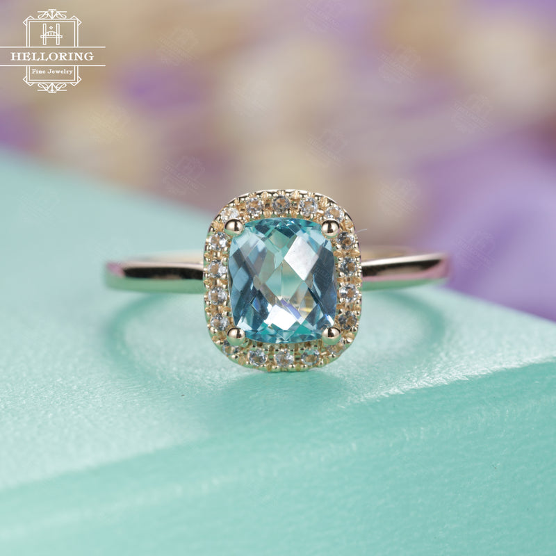 Aquamarine Engagement Ring Rose Gold Art Deco Antique Wedding Women Halo Diamond Cushion Cut Vintage Bridal Set Anniversary Gifts For Her