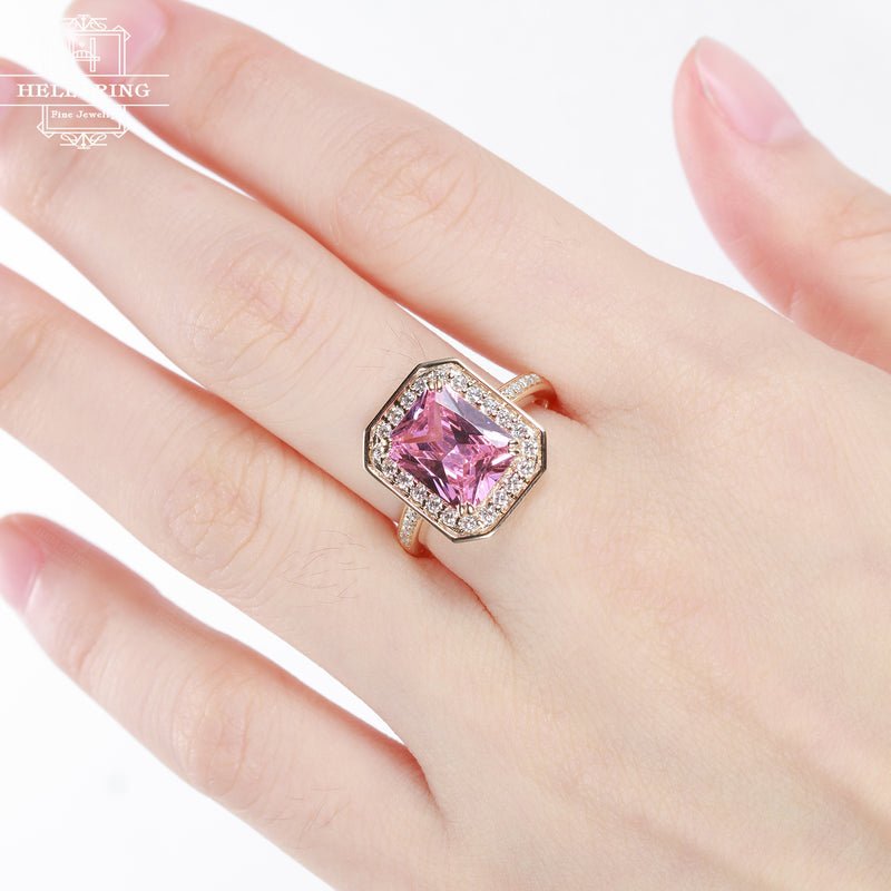 Rose gold Engagement ring Pink CZ Cubic Zirconia Wedding women diamond antique halo emerald cut bridal set birthstone Christmas gift for her