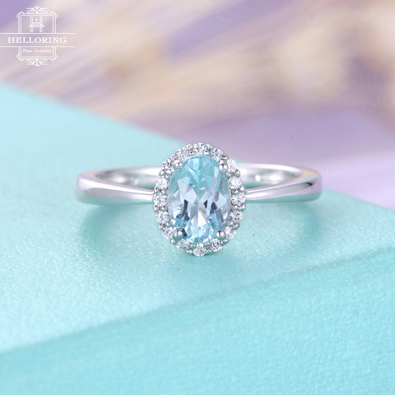 Aquamarine engagement ring Oval engagement ring Vintage Diamond Gift for women Wedding Antique Unique Halo set Bridal Jewelry Anniversary