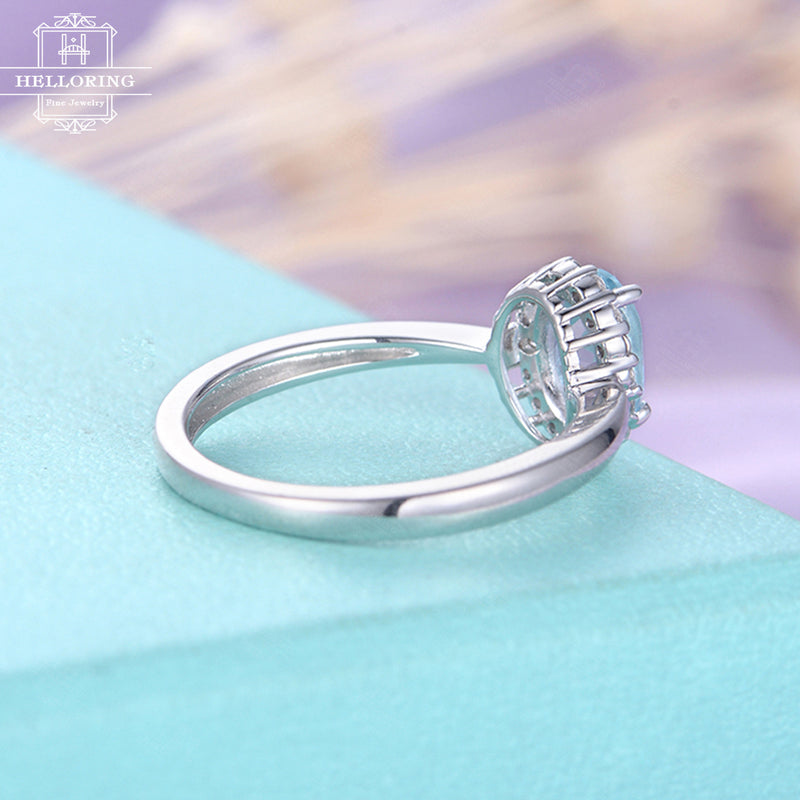 Aquamarine engagement ring Oval engagement ring Vintage Diamond Gift for women Wedding Antique Unique Halo set Bridal Jewelry Anniversary