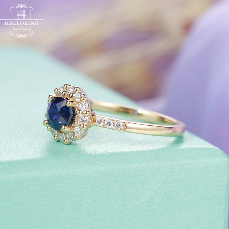 Sapphire engagement ring women, Halo Diamond Moissanite wedding ring, Unique Birthstone Prong set Jewelry, Anniversary promise gift for her