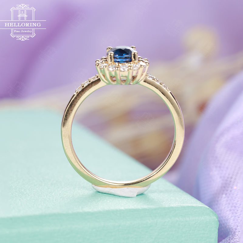 Sapphire engagement ring women, Halo Diamond Moissanite wedding ring, Unique Birthstone Prong set Jewelry, Anniversary promise gift for her