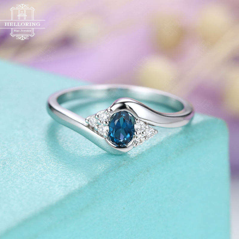 Unique engagement ring Topaz engagement ring Pear shaped London blue Cluster diamond Bridal Jewelry Twisted Promise Anniversary gift for her