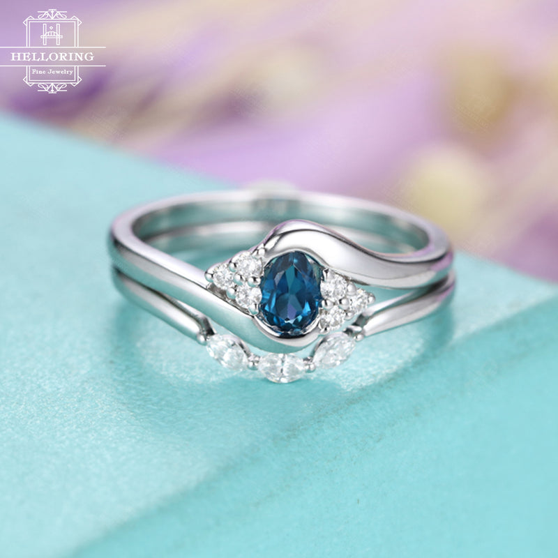 London blue topaz engagement ring Marquise diamond wedding band Women Pear shaped Cluster Curved Bridal set Jewelry Twisted Anniversary gift