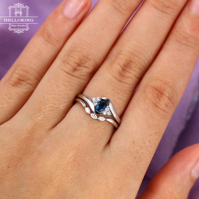 London blue topaz engagement ring Marquise diamond wedding band Women Pear shaped Cluster Curved Bridal set Jewelry Twisted Anniversary gift