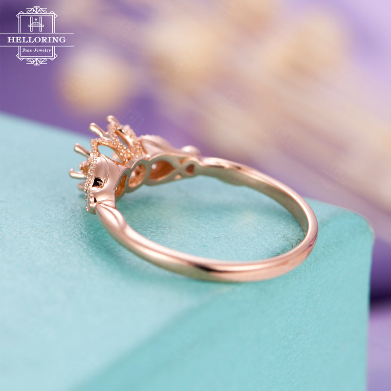 Vintage Engagement Ring Setting Diamond Semi mount Women Milgrain Swoop Personalized Custom Antique Claw Prong Leaf Art deco 5.1mm Round cut