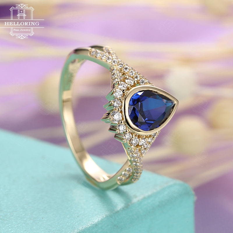 Blue sapphire engagement ring Pear shaped engagement ring Women Wedding Diamond Vintage Antique Bridal Jewelry Anniversary gift Twisted band