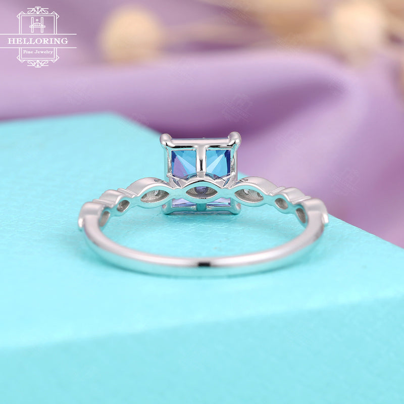 Tanzanite Princess cut Engagement Ring , White Gold ,Vintage Diamond wedding ring for women Unique Jewelry, Art deco ,Twist band Antique