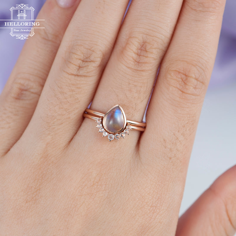 Moonstone engagement ring Rose Gold Rose quartz Wedding band Women Curved Bridal set Jewelry Simple Pear Shaped Stacking Anniversary gift