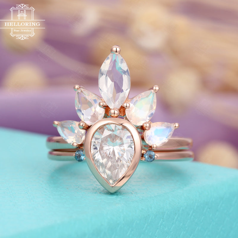 Moonstone engagement ring set, Vintage Rose Gold Pear shaped,Marquise cut ,Aquamarine Moissanite wedding band women Unique Bridal Jewelry