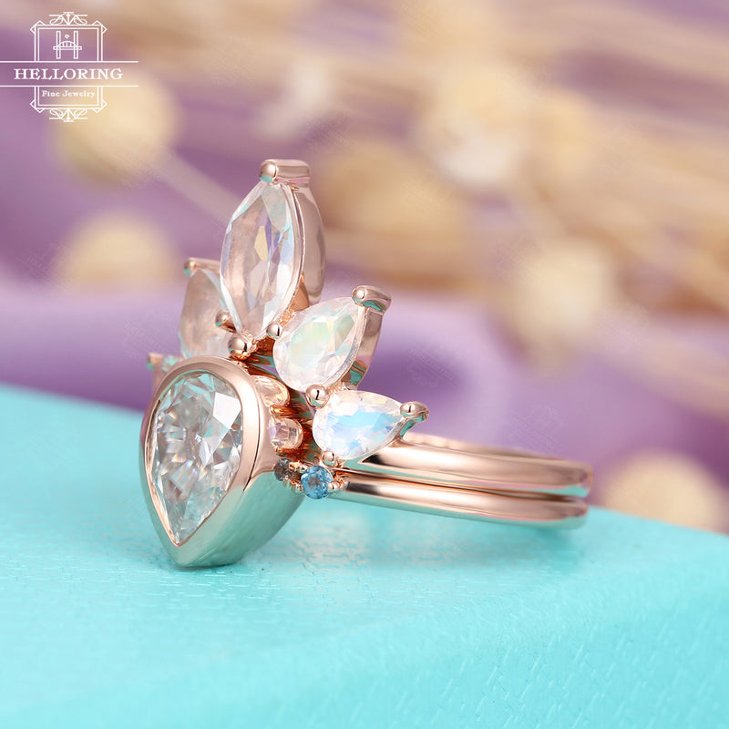 Moonstone engagement ring set, Vintage Rose Gold Pear shaped,Marquise cut ,Aquamarine Moissanite wedding band women Unique Bridal Jewelry