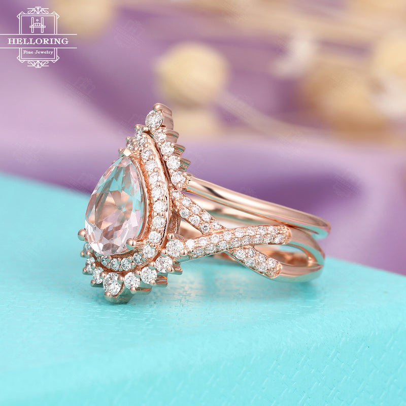 Morganite Engagement Ring set, Pear shaped Vintage Rose Gold Halo moissanite wedding band Women Art deco Twisted Bridal Jewelry