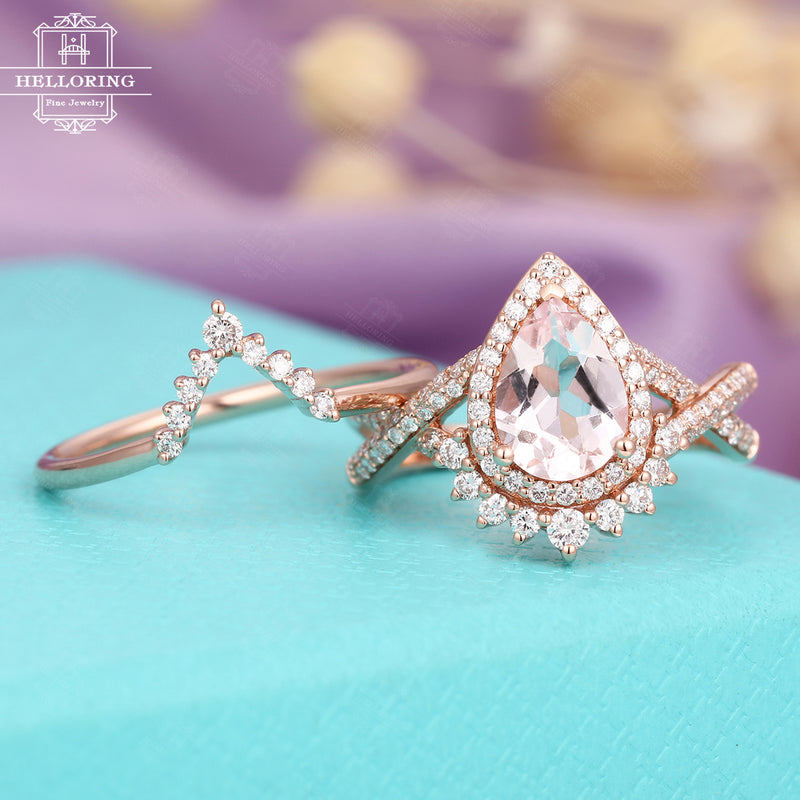 Morganite Engagement Ring set, Pear shaped Vintage Rose Gold Halo moissanite wedding band Women Art deco Twisted Bridal Jewelry