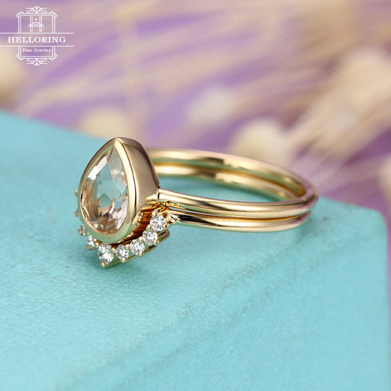 Morganite Engagement Ring Vintage Gold Diamond Wedding ring set Women Bridal Jewelry Pear Shaped Cut Stacking Alternative Anniversary