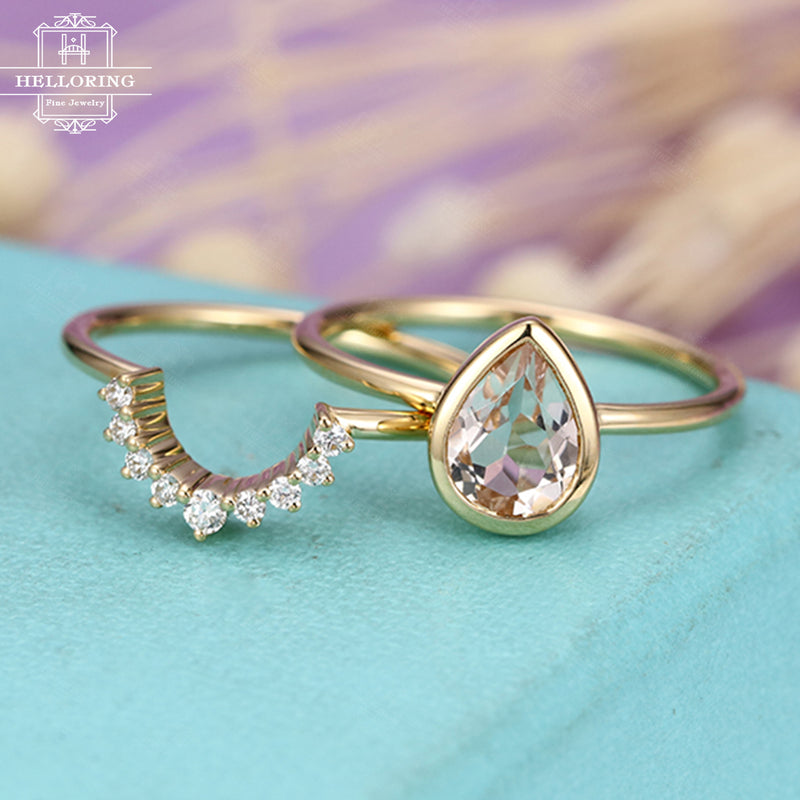 Morganite Engagement Ring Vintage Gold Diamond Wedding ring set Women Bridal Jewelry Pear Shaped Cut Stacking Alternative Anniversary