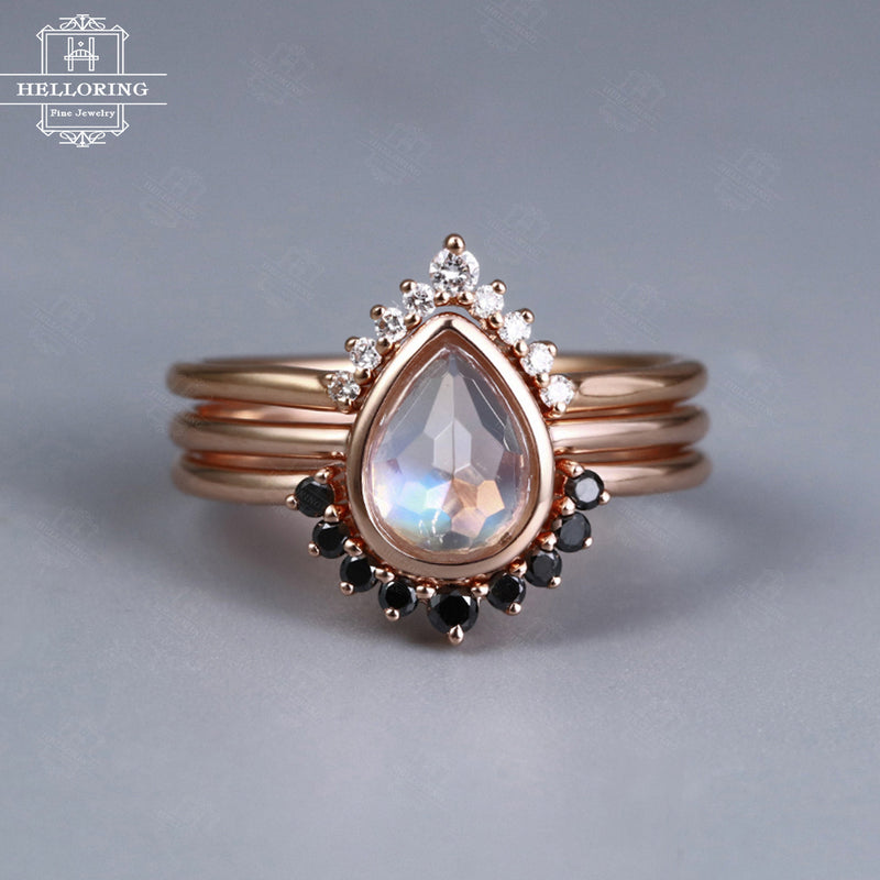 Pear shaped Moonstone engagement ring Rose gold Women Diamond wedding band Curved Chevron Black diamond Stacking Anniversary gift for her